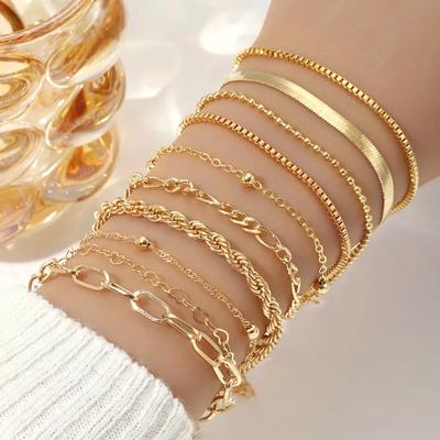 10pcs Set Charm Gold Cuban Twist Chain Bracelet for Women Men Luxury Multilayer Summer Beach Bangle Jewelry Set Gift
