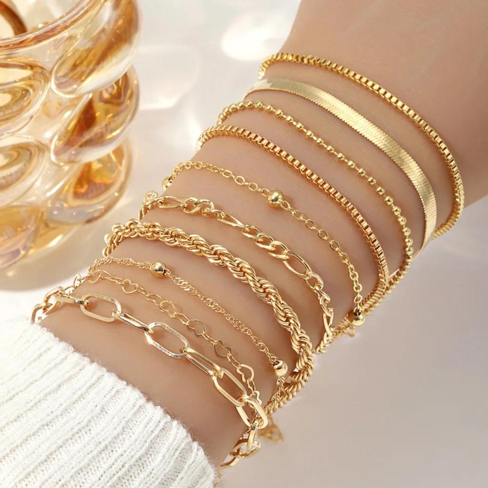 10pcs Set Charm Gold Cuban Twist Chain Bracelet for Women Men Luxury Multilayer Summer Beach Bangle Jewelry Set Gift