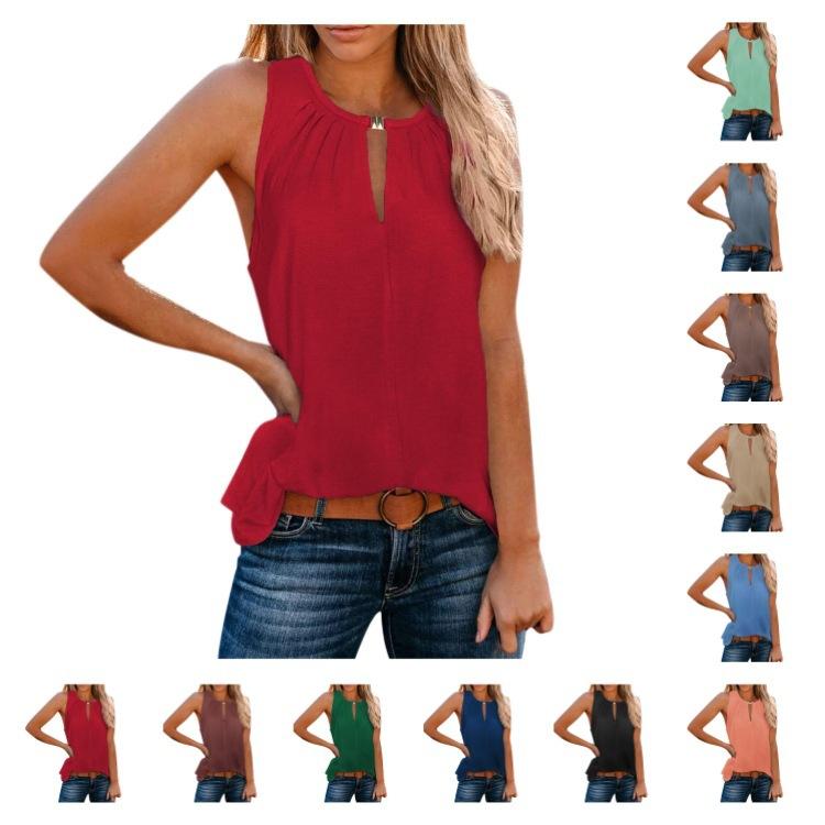 Spring and Summer Women's Personalized Buckle V-neck Solid Color Vest