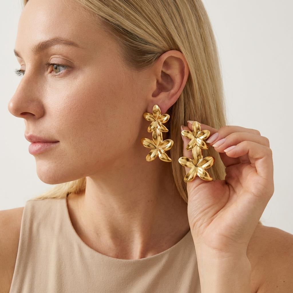 Vintage Flower Stainless Steel Drop Stud Earrings for Women Classical Multi Layer Floral Party Fashion Jewelry Gift