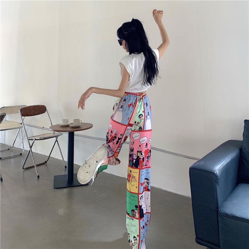 Korean Fashion Summer Pants Women's Elastic High Waist Pockets Printing Tie Dye Bohemian Casual Loose Straight Wide Leg Trousers