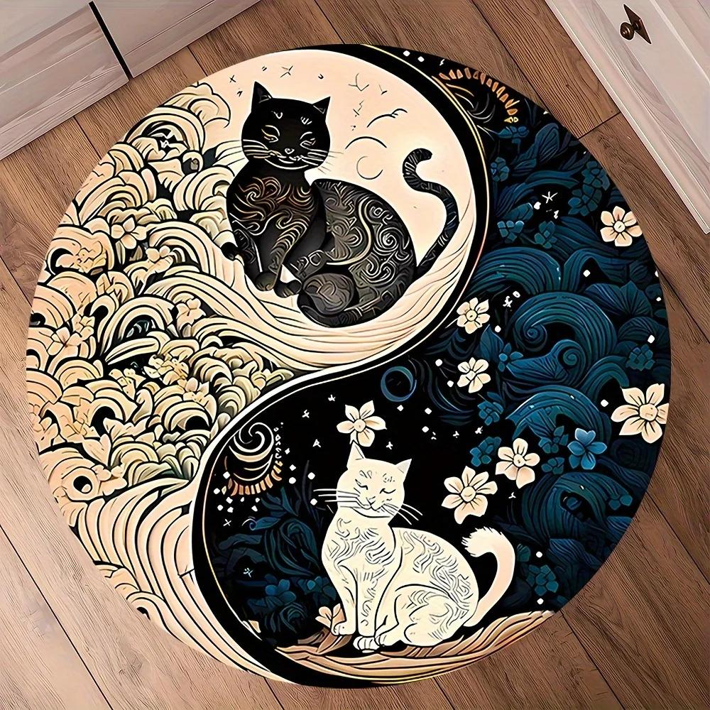 Yin Yang Cat Circular Carpet with Anti Slip Backing Flannel Carpet Machine Washable for Living Room Lightweight Home Decor