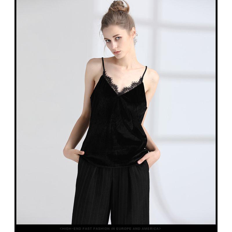 

Korean Velvet Lace V-neck Sexy Black Suit Black gold velvet M