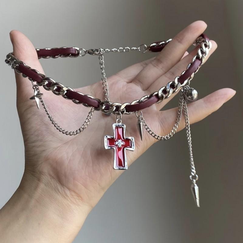 Y2K Gothic Chic Cross Pendant Tassel Choker Necklace Women Alloy Locket Chain Sweet Punk Style