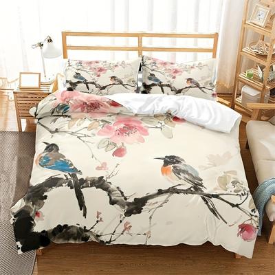 Landscape Flower And Bird Pattern Duvet Set Ink Painting Three-Piece Bedding Set Bedroom Bed Decoration
