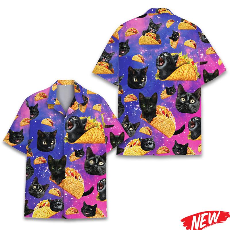 Lustiges Pizza-Katzenmuster Hawaiianisches Hemd für Herren 3D-bedruckte Tierhemden Sommer Strand Lässig Kurzarm Street Reversbluse