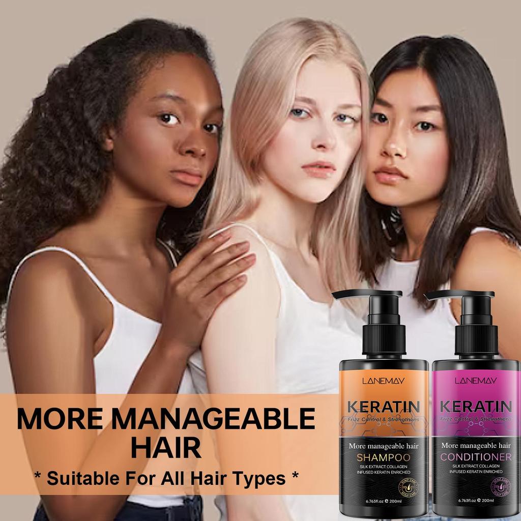 Keratin Shampoo & Conditioner Set-Moisture Scalp-Fizz Control & Strengthens Hair-Suitable For All Hair Types, 200ml+200ml