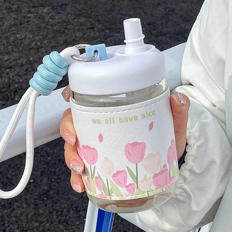 Influencer Portable Insulated Glass Water Cup with Leather Sleeve – Stylish Gift for Female Students