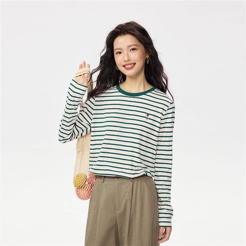 

Giordano Long sleeves Shirt Women Autumn and Winter New Pure Cotton T-shirt Embroidered round Neck Retro Stripe Top 05325862 10 apricots/Green S