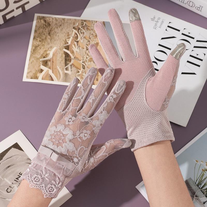 New sunscreen gloves women's spring summer outdoor riding driving lace non-slip bow