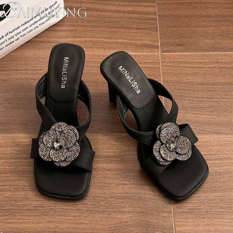 Flower High Heels Slippers Women Sandals Crystal Square Toe Shoes Summer 2025 Trend Dress Chunky Elegant Open Toe Pumps Mujer