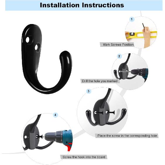 Kruodop 4 Pack Wall Hooks Wall Mounted Coat Hooks for Hanging Heavy Duty, Black Towel Hooks, Metal Single Coat Hanger with Screws Cup Retro for