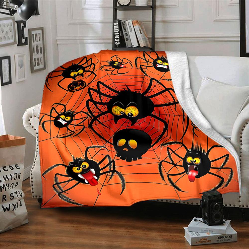 1pc Halloween Spiders Flannel Throw Blanket HD Printed Lightweight Soft Warm All Season Blanket for Sofa, Bed, Travel, Camping Machine Washable