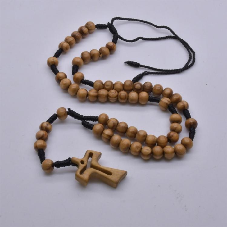 Handmade Devotional Wood Beads Rosary Necklace with Crosses Pendant for Christian Prayer Ceremony Jewelry Neckpiece