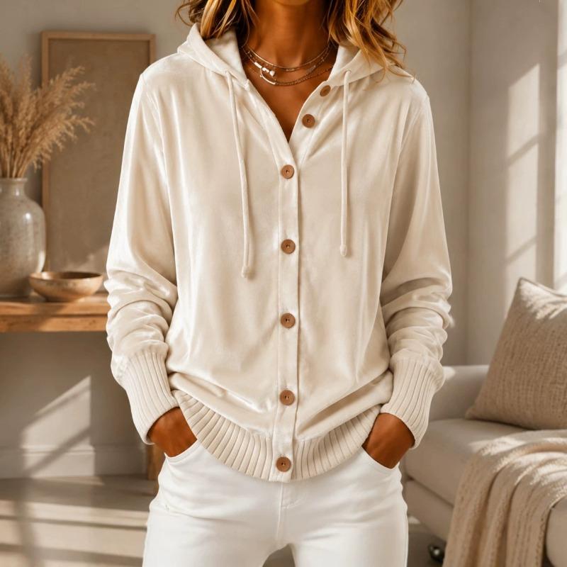 Velvet Hooded Button Cardigan Coat Solid Color Long Sleeve