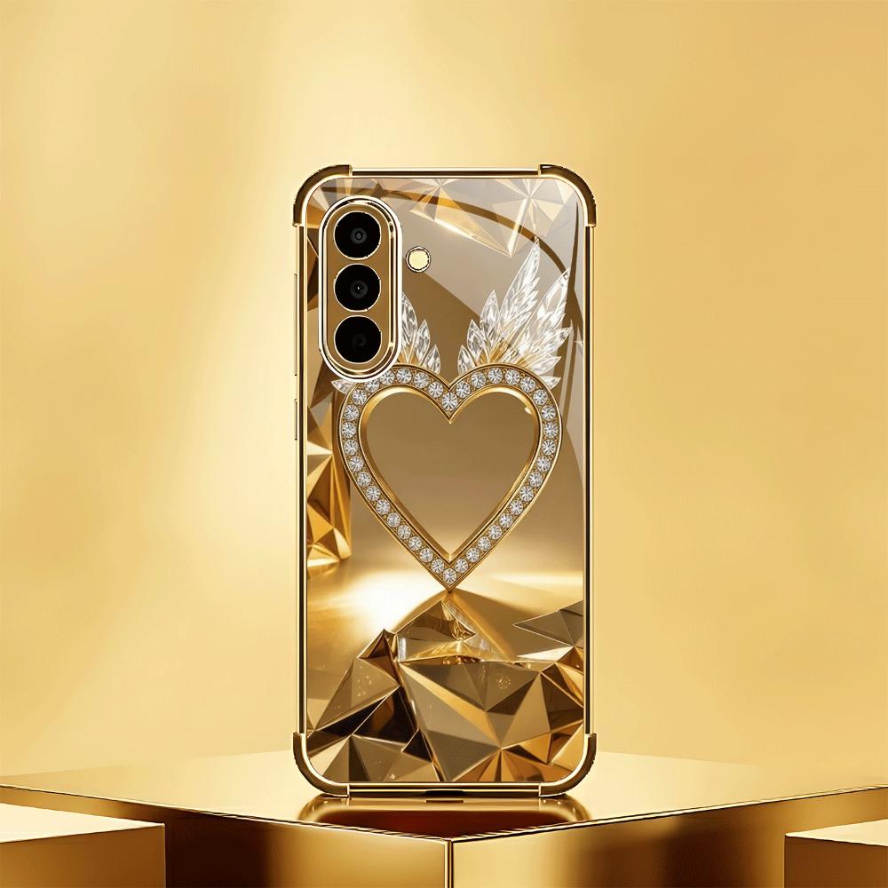 

Golden heart-shaped wing patterned glass phone case suitable for Samsung Galaxy S26 S25 S24 S22 S21 S20 FE/Ultra/Plus anti drop Galaxy S20FE