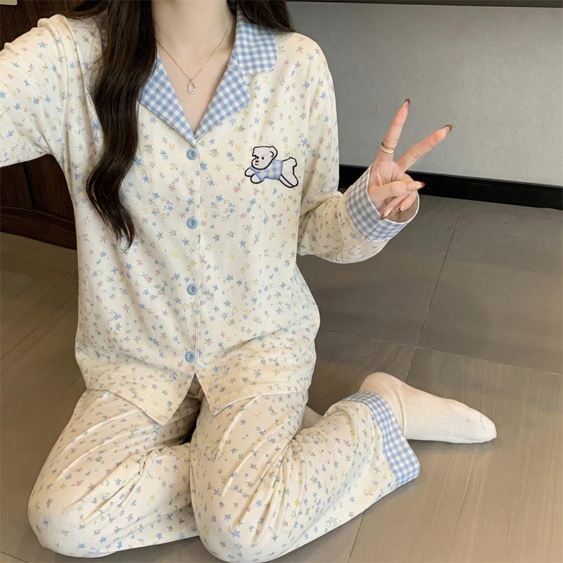 Spring and Autumn New Imitation Cotton Pajamas Women's High-end Plaid Long-sleeved Cartoon Embroidered Loungewear Two-piece Set