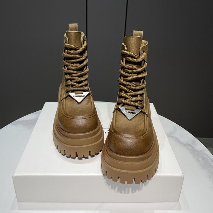 

Yueyu European Station Thick-soled Martin Boots Women s 2025 Winter Leather Lace-up Round Head British Versatile Height Boots 40 светло-коричневого