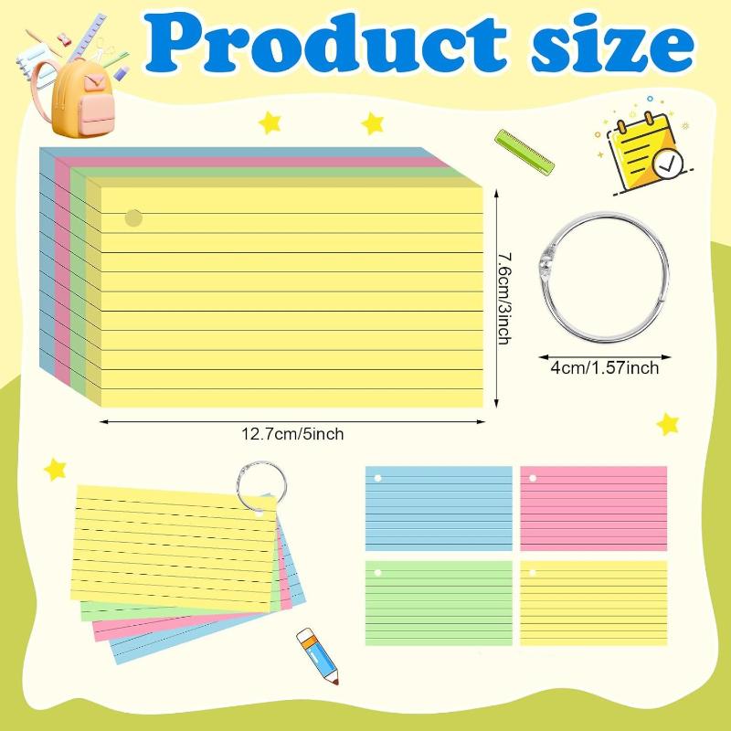 50Pages Loose-Leaf Horizontal Line Index Cards Binder-Compatible Flash Revision Cards Study Office Note Pads For School & Work