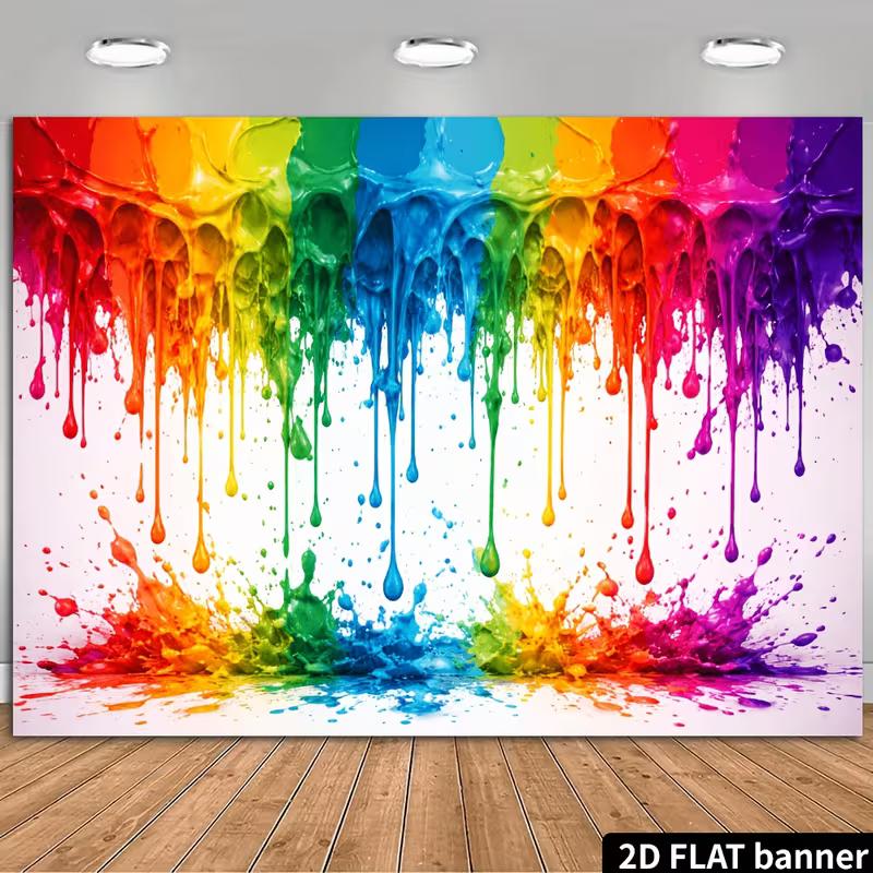 

2D Modern Paint Backdrop, Dripping Rainbow Splashes Photo Booth Banner 47.2x31.5inch/120*80cm