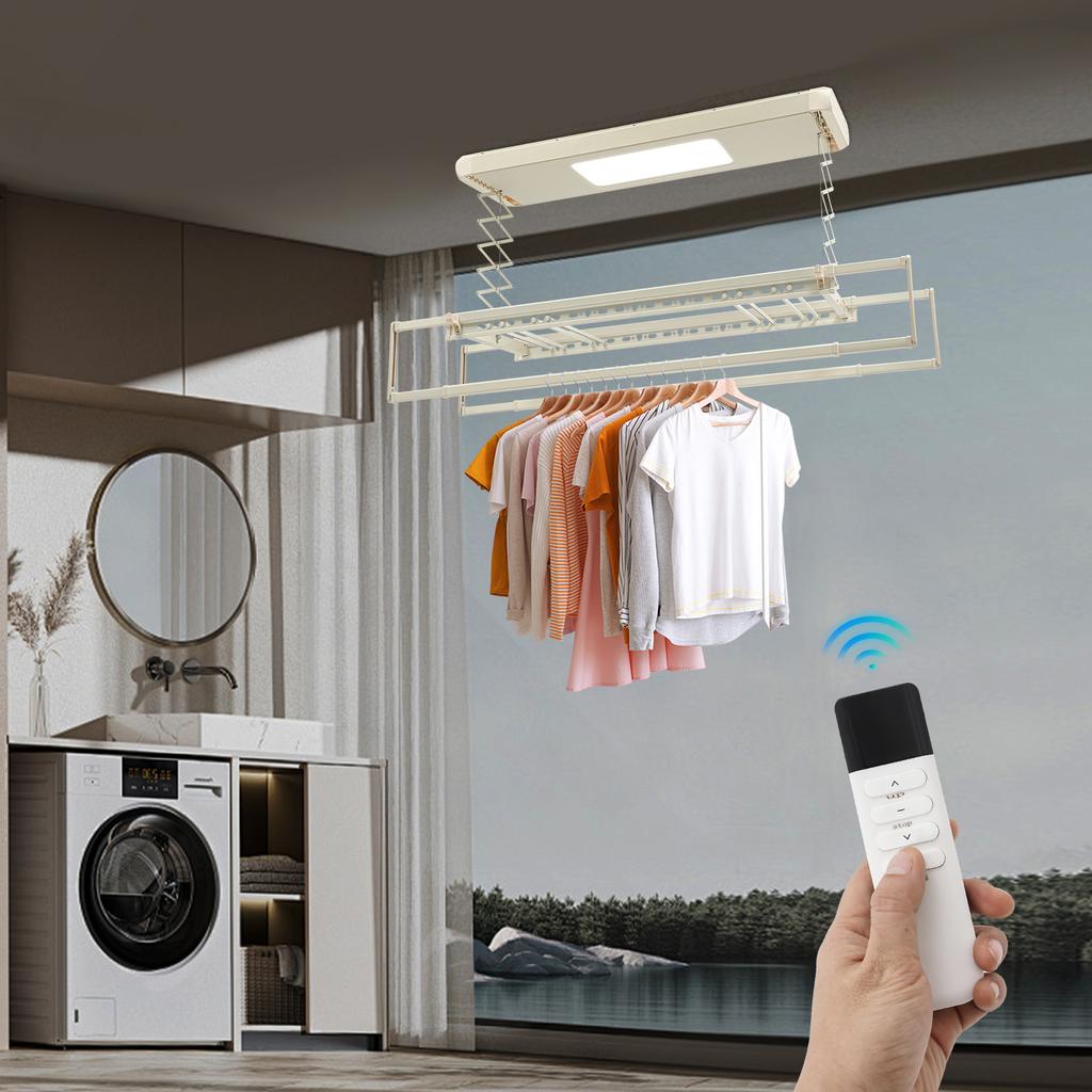 Retractable Electric Clothes Drying Rack with LED Light & Remote, 8-Rod Ceiling Mounted Laundry Airing Rack, 35kg/77lbs Capacity