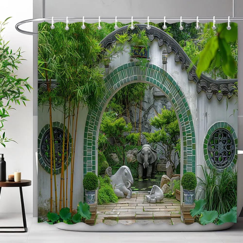 Chinese Archway Scenic Shower Curtain Landscape Waterfall Outdoor Landscape Polyester Fabric Shower Curtains Bathroom Decoration