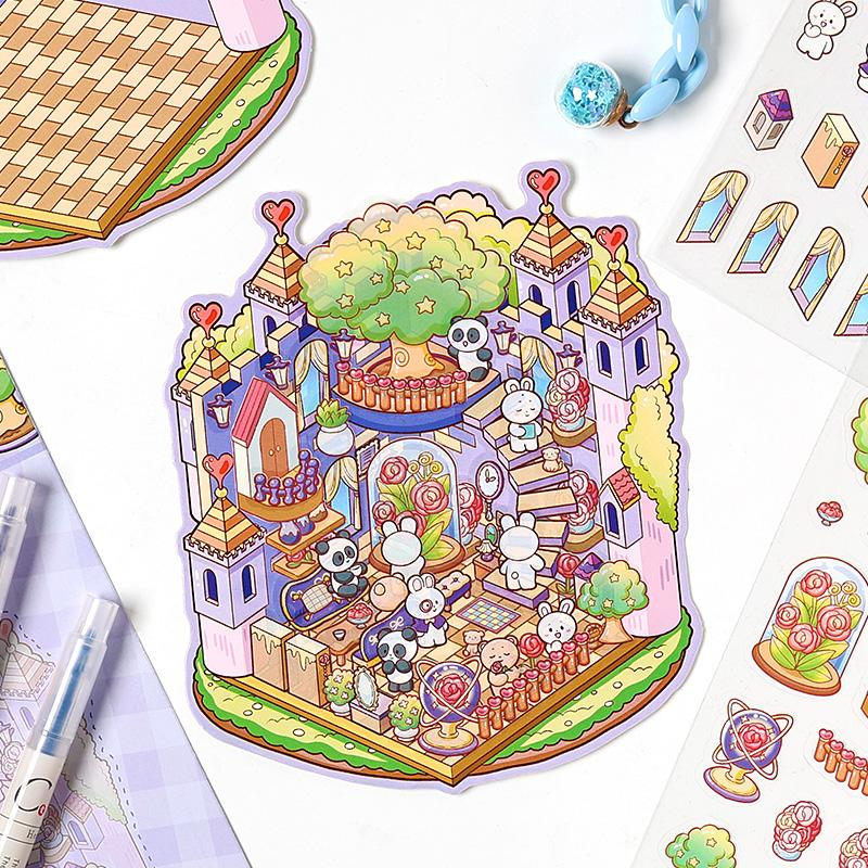 Kawaii Mini Cartoon Rainbow Castle Cabin Landscape Stickers Visual 3D Stacking Miniature Scene Pocket Cabin Children Stickers