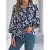 2026 Spring/Summer Elegant Contrast Color Floral Lantern Sleeve Turn-down Collar Shirt Casual Breathable Women's Top