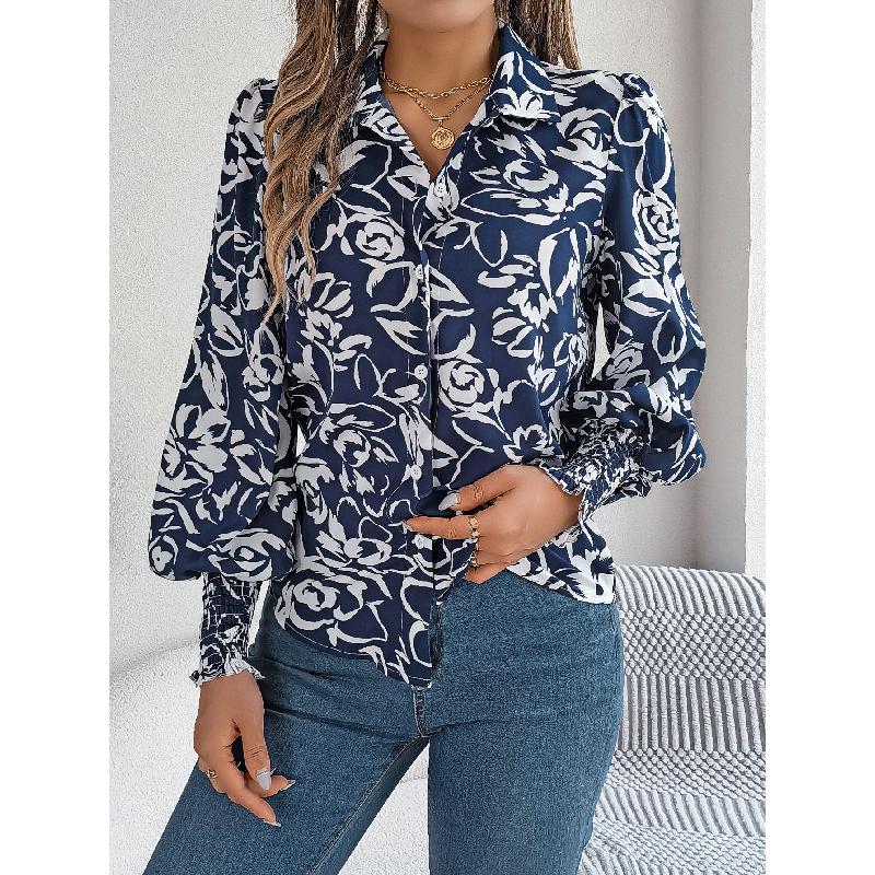 2026 Spring/Summer Elegant Contrast Color Floral Lantern Sleeve Turn-down Collar Shirt Casual Breathable Women's Top