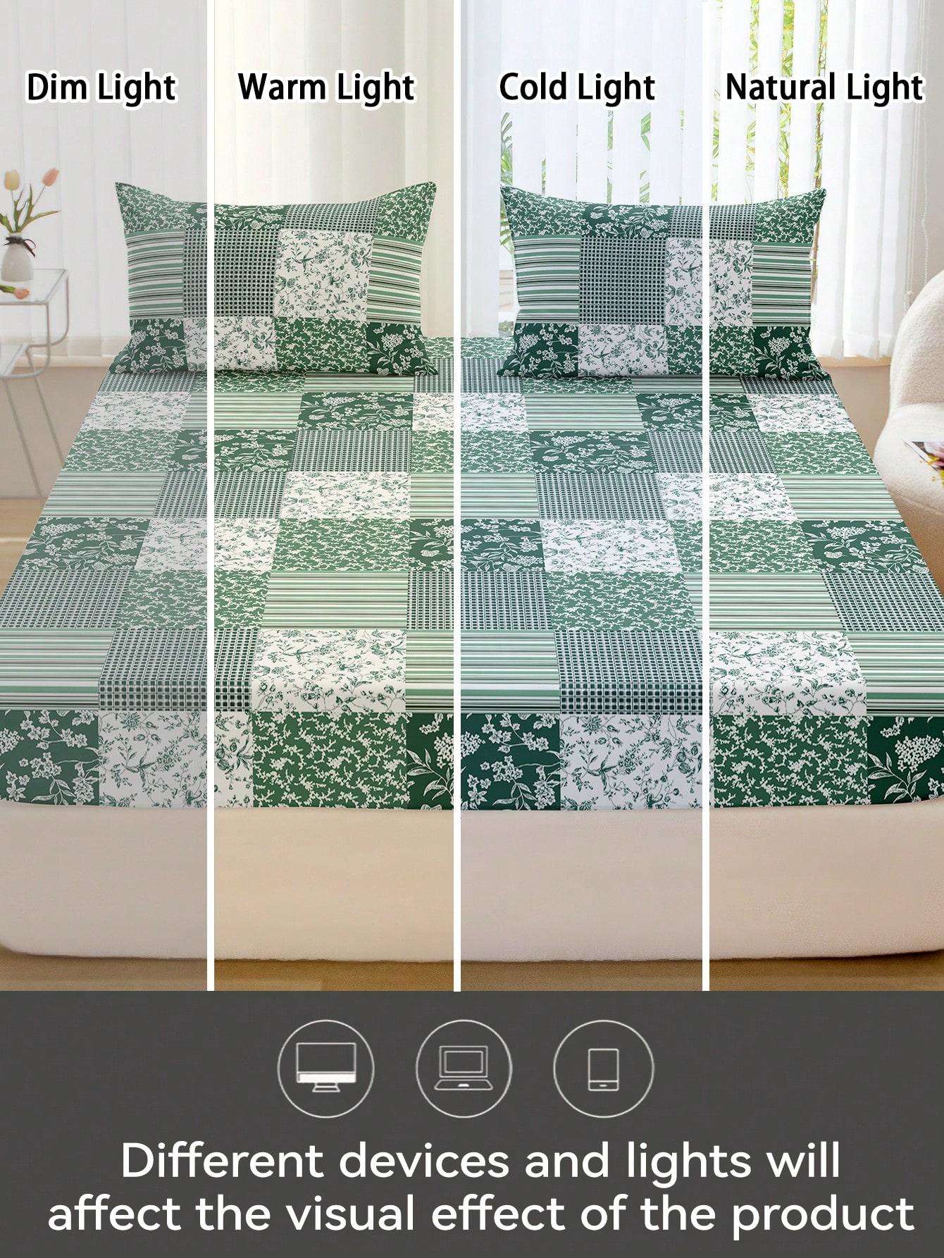 Набор из 3 предметов: простыня на резинке с цветочным принтом, простыня и 2 наволочки. Цвет: зеленый и белый. Современный клетчатый узор. Глубокий карман. Декор комнаты 120x200x25cm