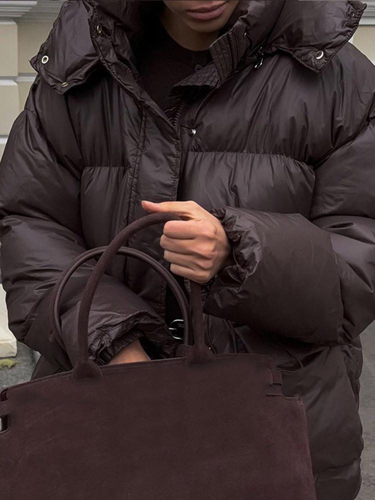 Elegant Solid Color Zipper Hooded Cotton Jacket with Long Sleeves and Pockets - Warm and Thickened for European and American Style.