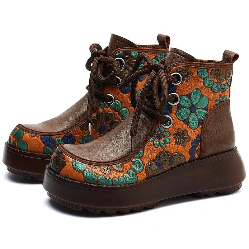 Fashion GKTINOO Genuine Leather Women Boots Retro Shoes 2024 New Autumn Winter Print Round Toe Lace-up Handmade Concise Platform Boots