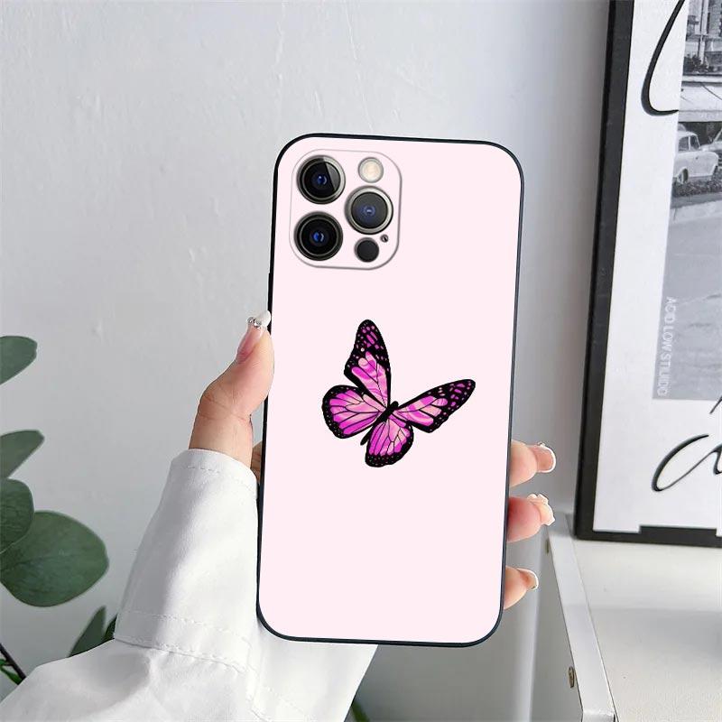 Beauty Pink Butterfly Phone Case for iPhone 11 15 Pro Max Case Coque 14 Plus 13 Pro 12 Mini 11 X S XR 7 8 SE 2020 TPU Soft Cover