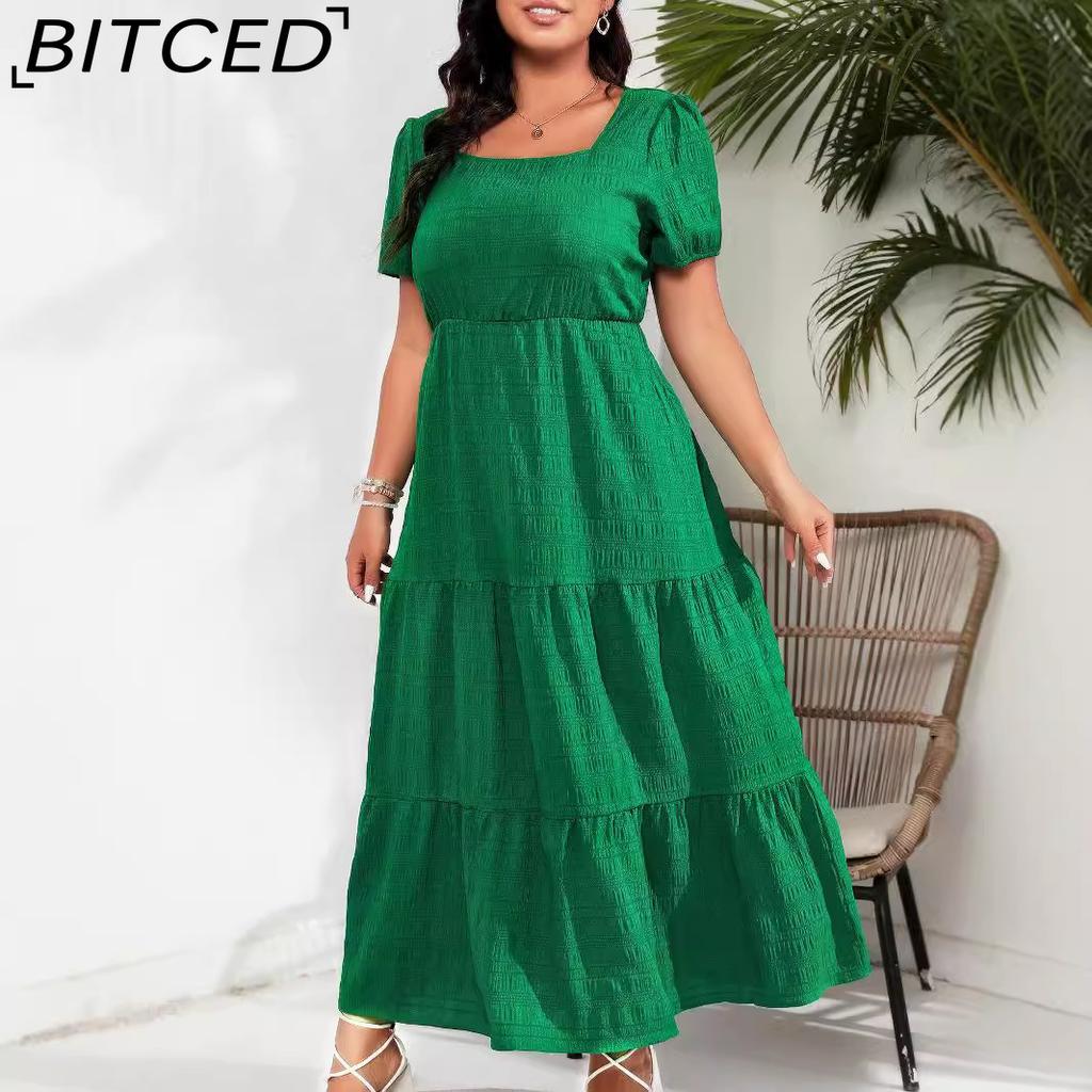 BITCED Damen Quadratischer Ausschnitt Rückenfalten Kurzarm Tasche Kleid