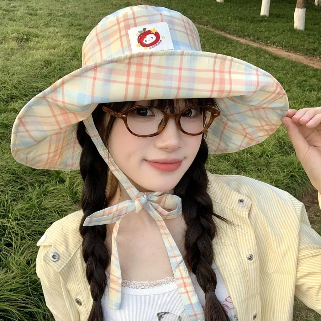 Hat Hiking Fisherman Hat Applique Yellow Orange Plaid Cloth  Outdoor Brim