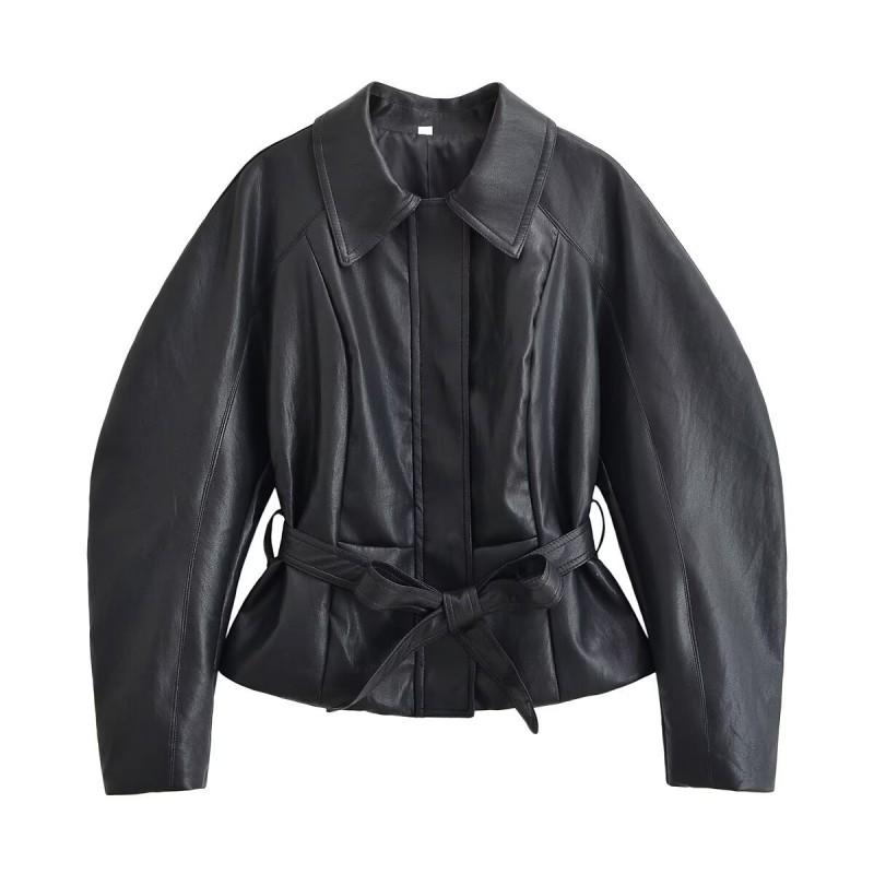 Womens Faux Leather Jacket Belted Waist Tailored Street Style Elegant Outerwear