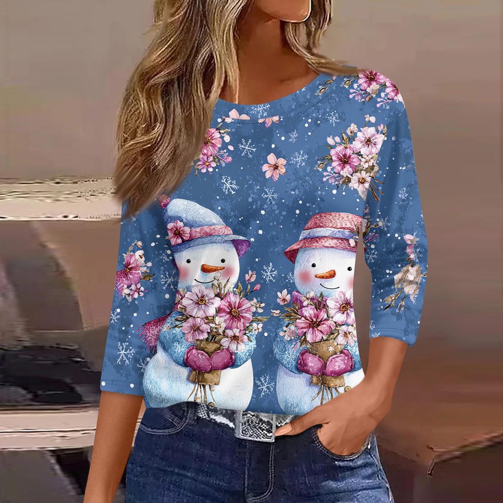 3/4 Length Sleeve Womens Tops Floral Print Vintage Fashion Casual Loose With Round Neck Plus Size Shirts