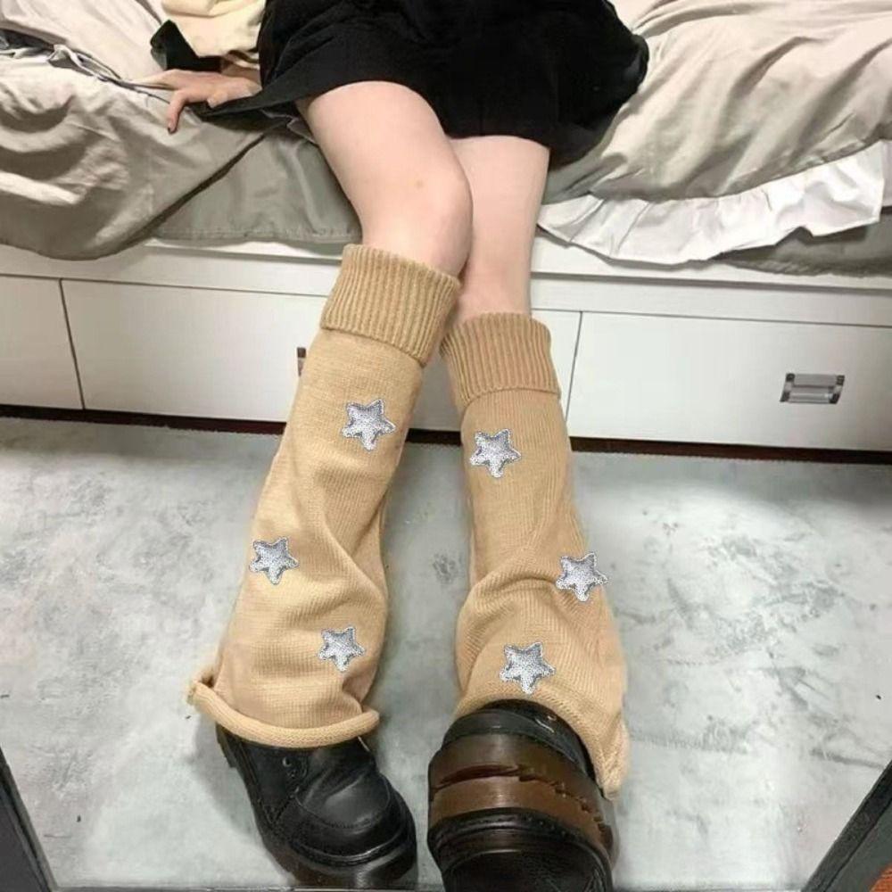 Star Decoration Knit Long Socks Striped Leg Warmers Vintage Boot Cuffs For Women