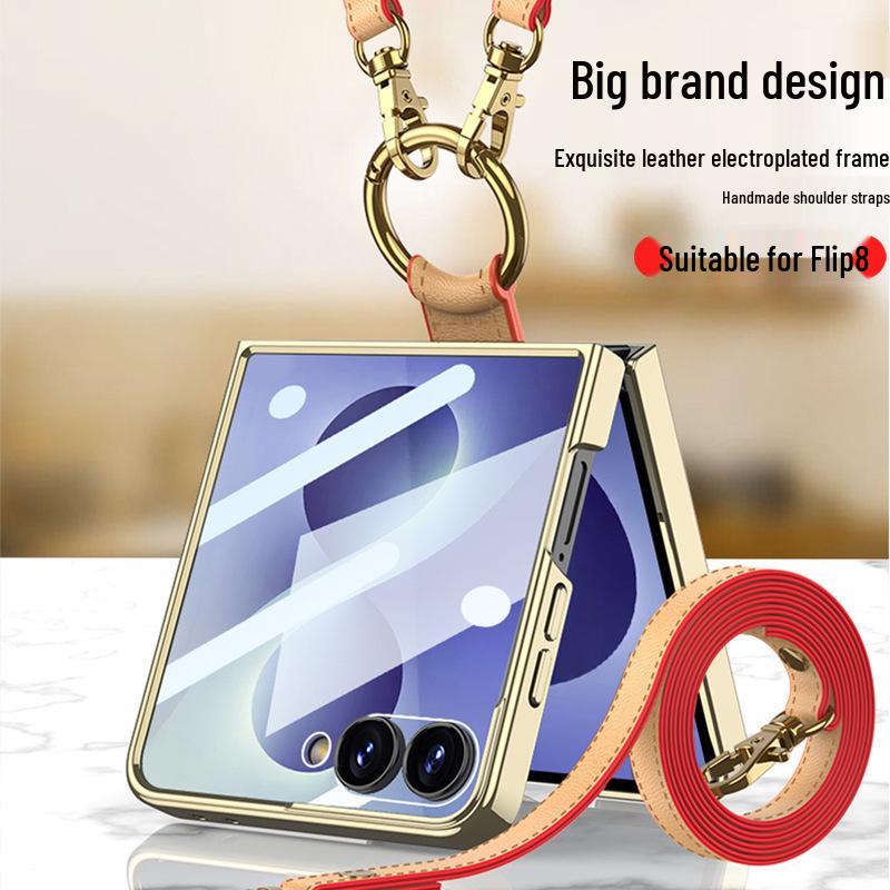 Samsung Z Flip 8 Electroplated Retro Leather Case with Lanyard and Ring Holder