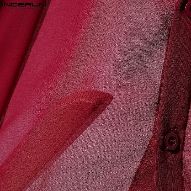 INCERUN Men Stand Neck Short Sleeve Double Layers Buttons Mesh Sheer Casual Shirts