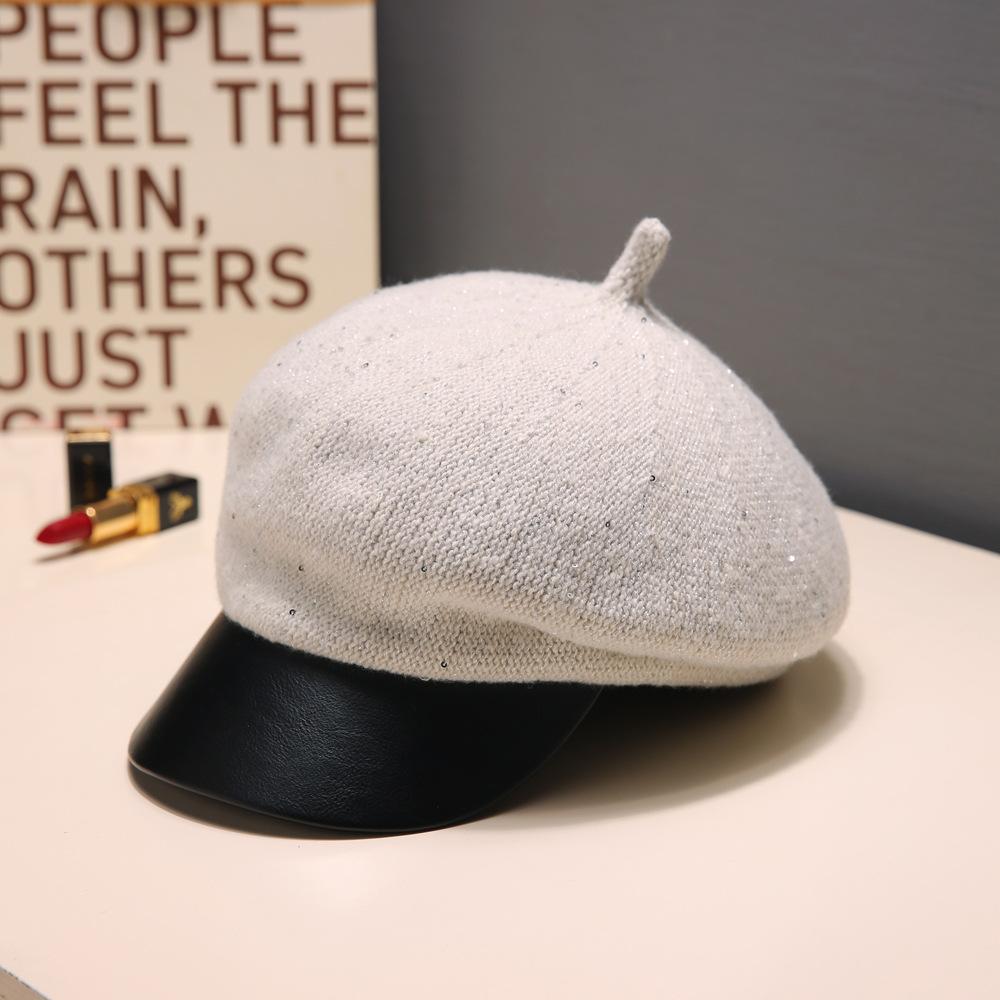 Korean Versatile Little Fragrance Style Sequin Beret Autumn and Winter British Retro Warm Octagonal Hat Outdoor Casual Hat Women