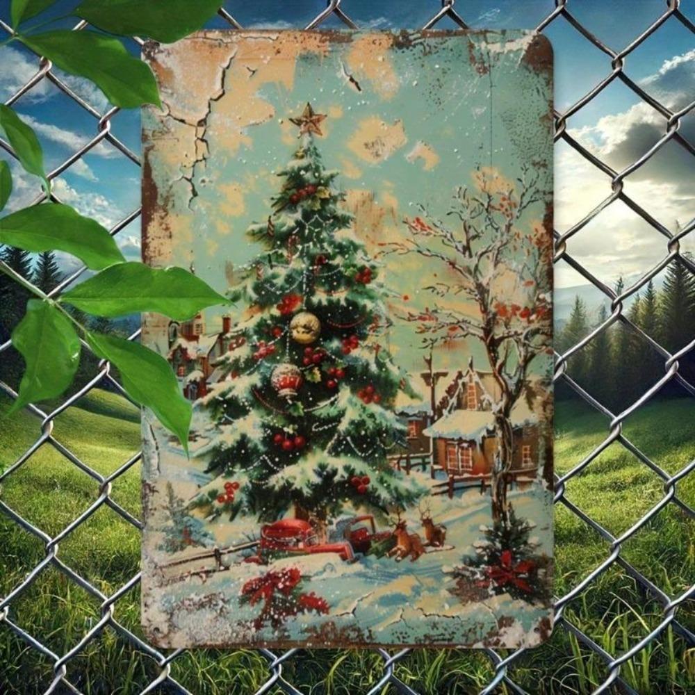 2D Vintage Christmas Tree Snow Village Metal Tin Sign 8x12 Inch Holiday Wall Decor Aluminum Craft Pre Drilled Holes For Home Bar Cafe Garage
