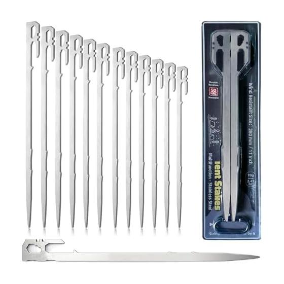 Set of 12 tent pegs, 28cm, forged pegs for tent/tarp construction, 420 stainless steel, tough, high strength, corrosion resistant, integrated