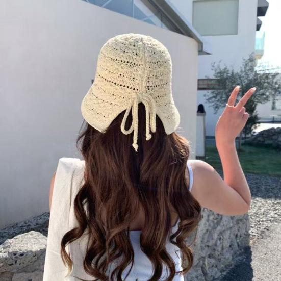 Summer Basin Hat Crochet Hollow Design Sun Protection Hat Wide Brim Back Slit Design Lace-up Knitted Outdoor Cap