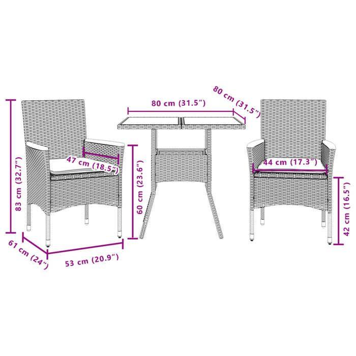 VidaXL Ensemble à manger de jardin et coussins 3 pcs noir rotin verre, ensemble de salle à manger d'extérieur, meuble de 3278703