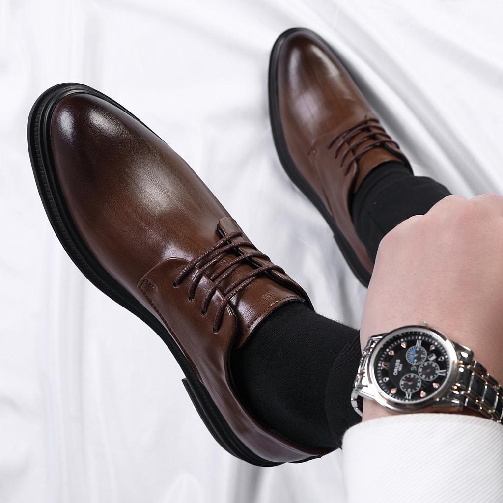 Leather shoes men's business dress Korean version of trend British men's leather casual spring brown soft sole heightening men's shoes