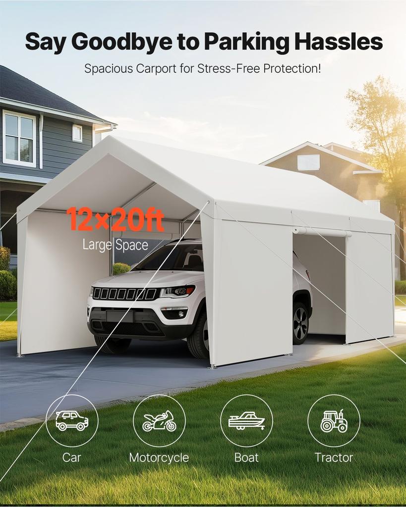 VEVOR Carport, 12 X 20 FT Outdoor Car Canopy, Potable Carport with Removable Sidewalls & Door, Heavy Duty Car Shelter