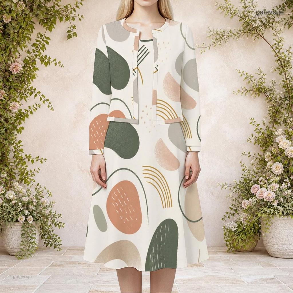 Women Plus Size Printed Round Neck Long Sleeve Cropped Cardigan Sleeveless Midi Dress Two Piece Set