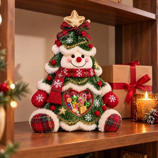 Cute Christmas Table Centerpiece Refillable Snowman Treat Holder, Plush Sitting Figure Candy Jar with Clear Heart Soft Decoration Window, 3D