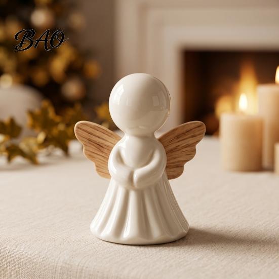 White And Wood Style Decor Minimalist Angel Figurine with Texture Wings, Compact Statue, Halloween Decorative Ornaments Sculpture for Home Office Desk